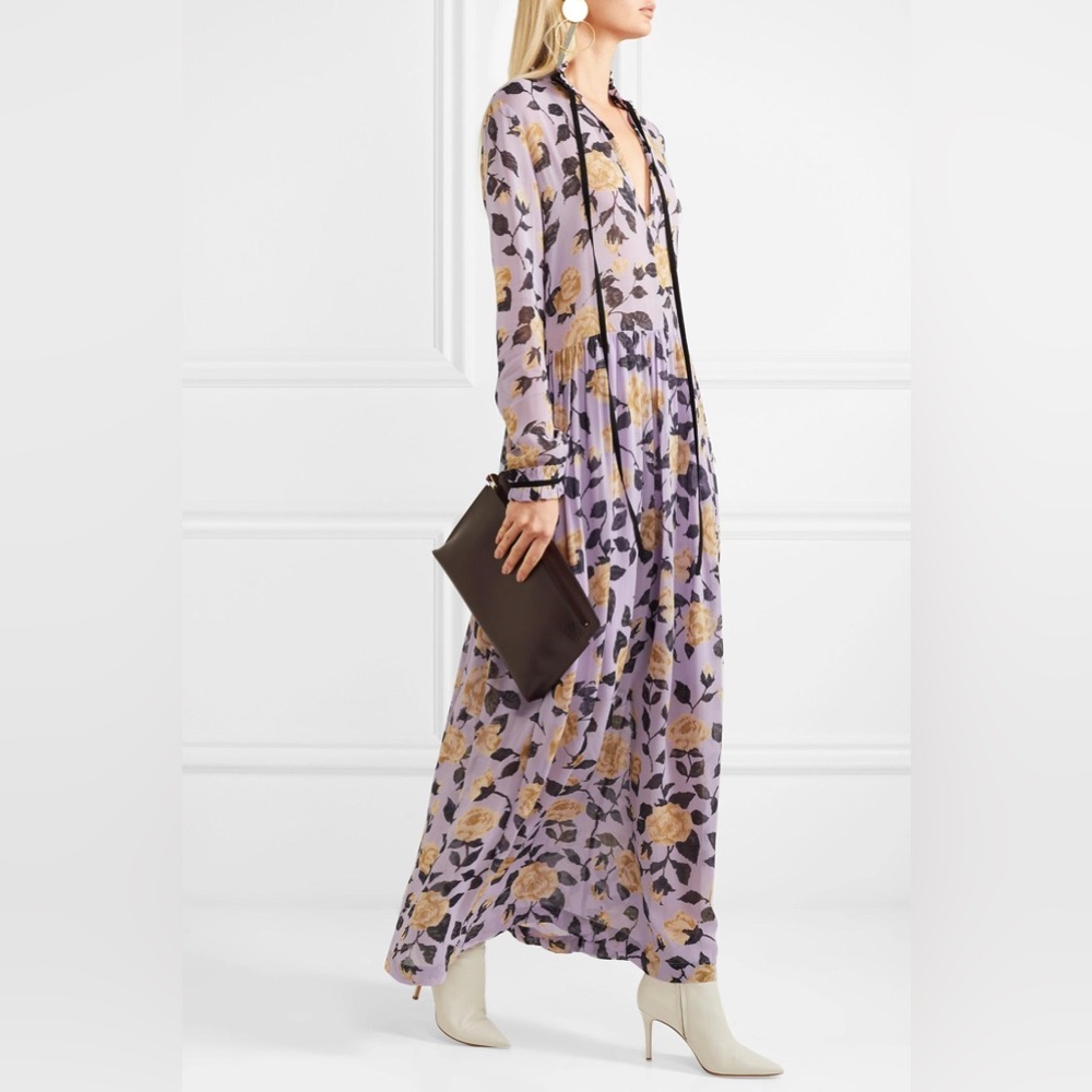 GANNI carlton georgette lilac purple floral print tie front maxi dress 38/6